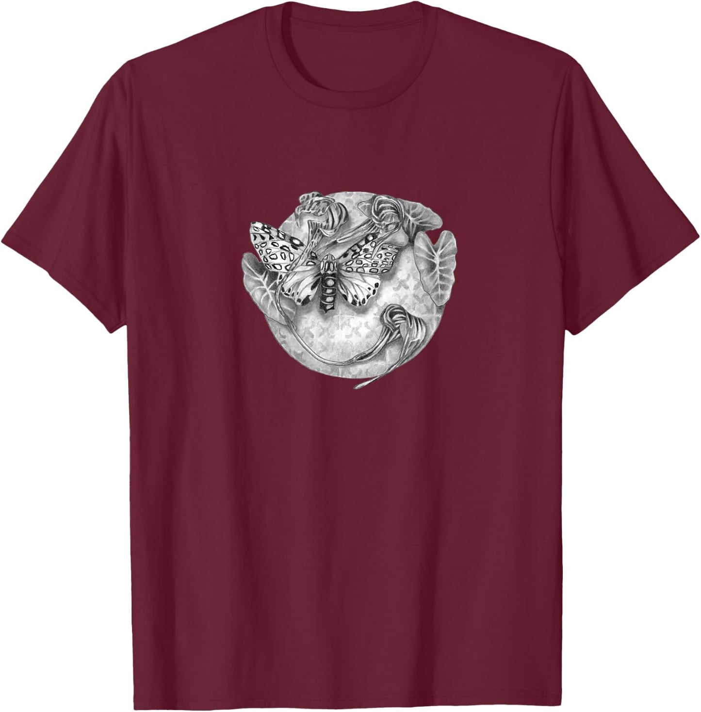 Giant leopard moth and leaves novelty design plants insects T-Shirt - T-Shirt | Maroon