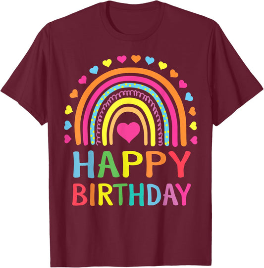 Happy Birthday Shirt Teens Girls Kids Gift Rainbow T-Shirt - T-Shirt | Maroon