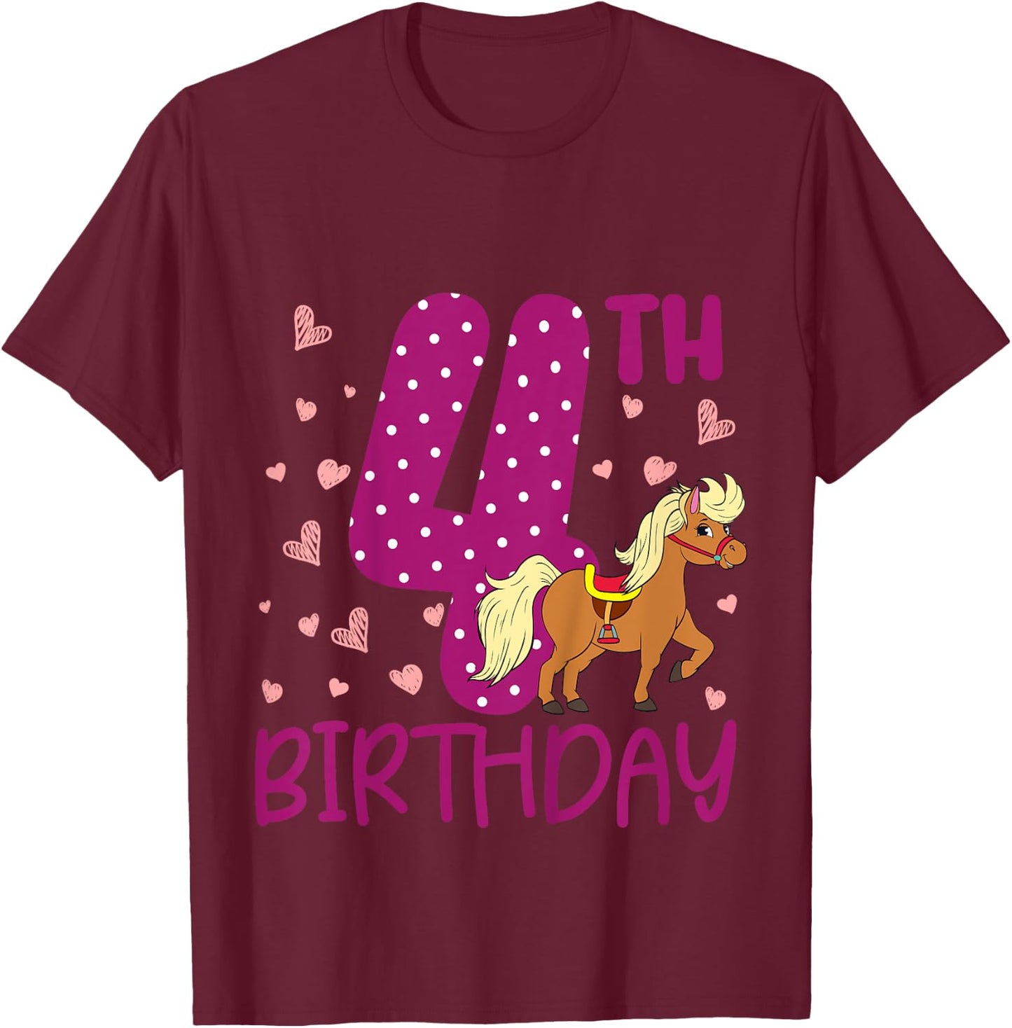 Kids 4 Years Old Girls Pony 4th Birthday T-Shirt - T-Shirt | Maroon