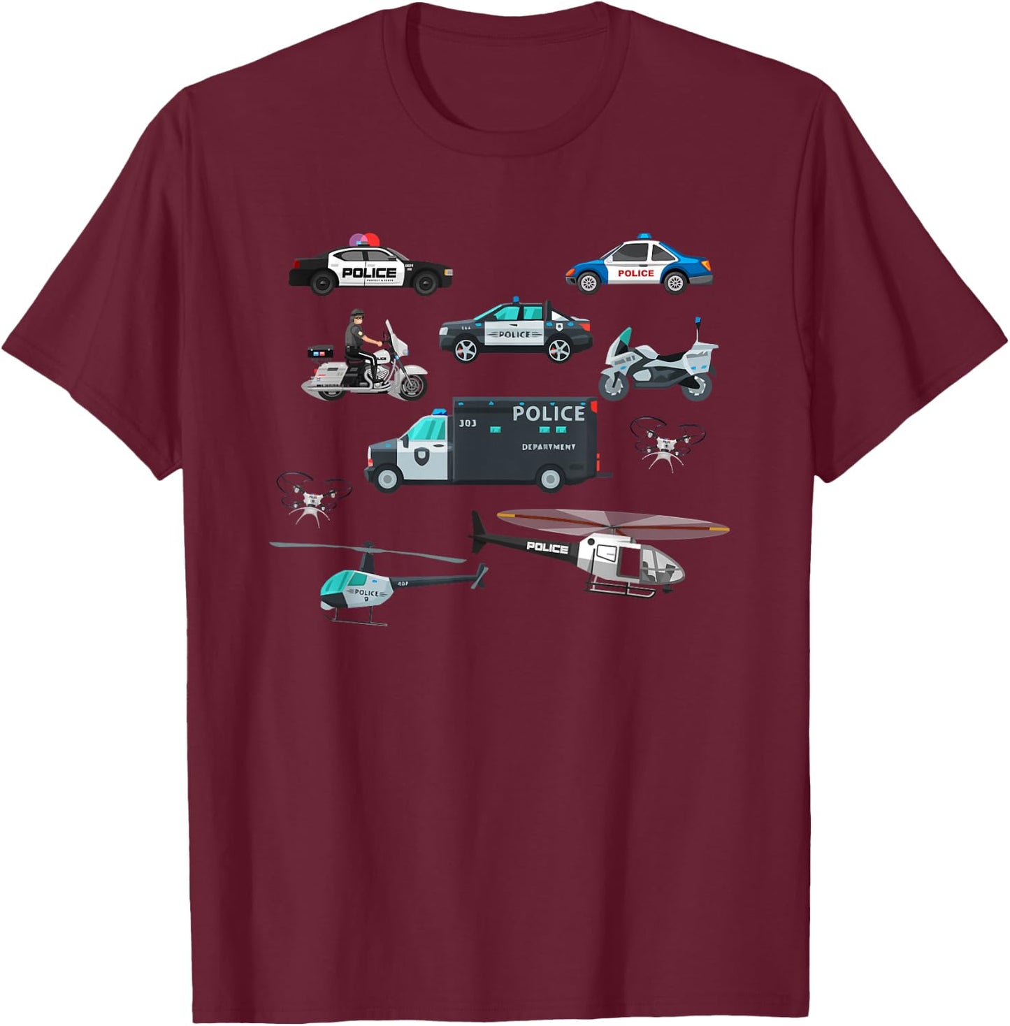 Police Vehicles Cop Cars Helicopter Toddlers Kids Women Men T-Shirt - T-Shirt | Maroon