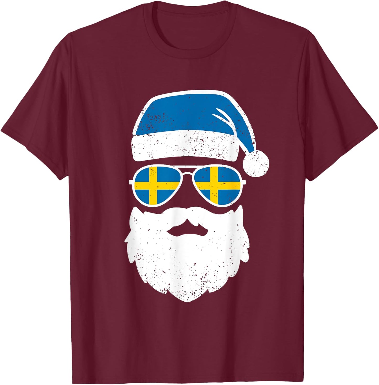 Funny Santa Claus Face Sunglasses Sweden Flag Swedish T-Shirt - T-Shirt | Maroon