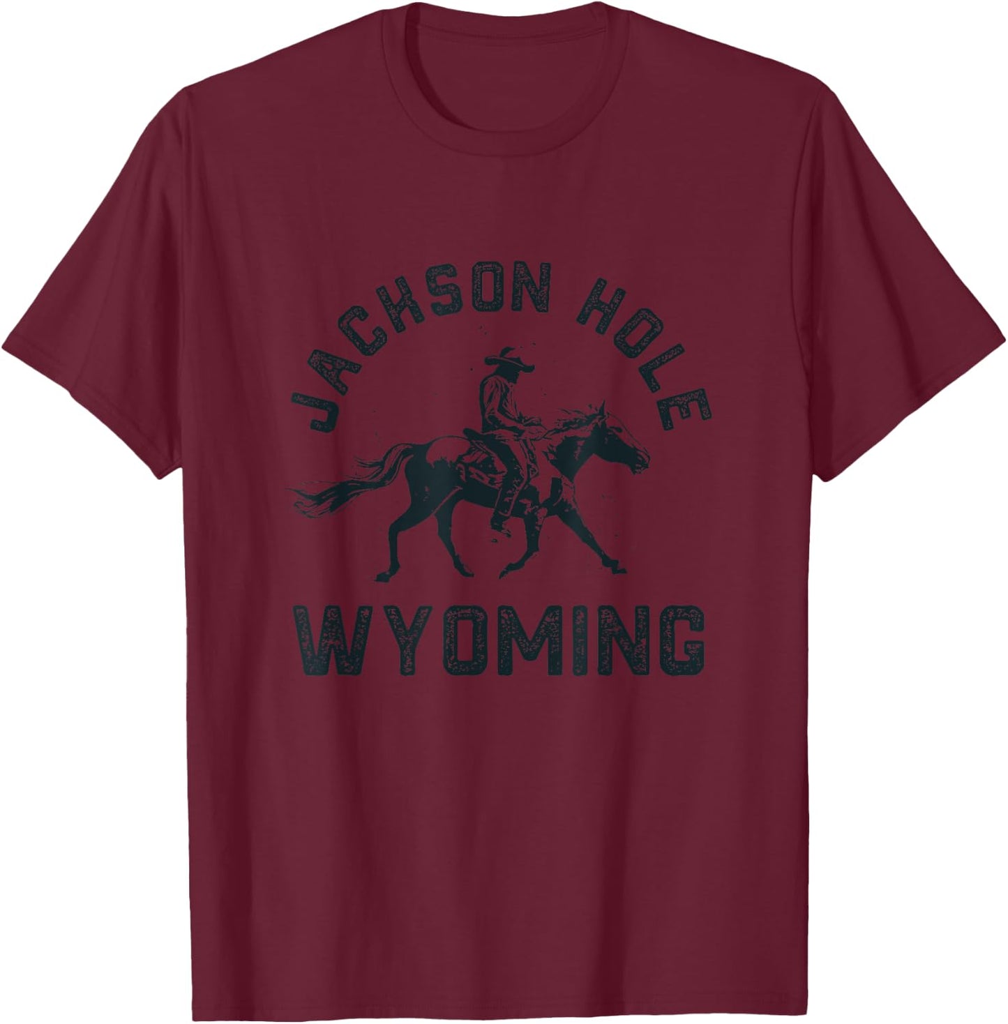 Retro Jackson Hole Wyoming Trendy Vintage Cowboy , -Adults, Kids, Grey, Small, Short Sleeve, Classic Fit, Cotton Blend, Polyester T-Shirt - T-Shirt | Maroon