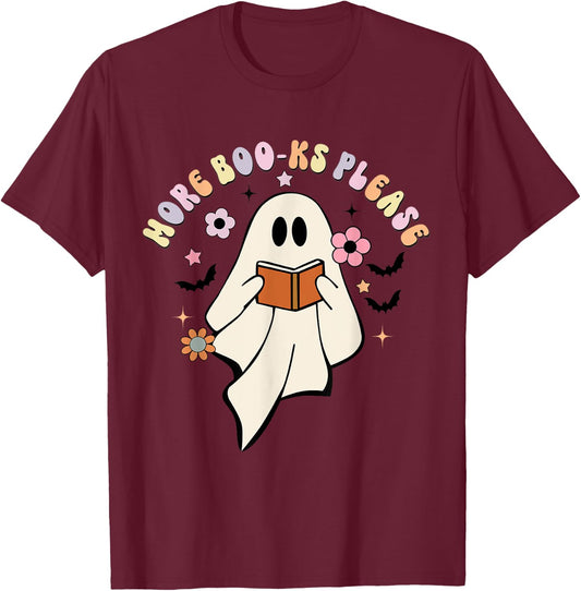 More Boo-ks Please, Retro Cute Ghost Book Reading Halloween T-Shirt - T-Shirt | Maroon