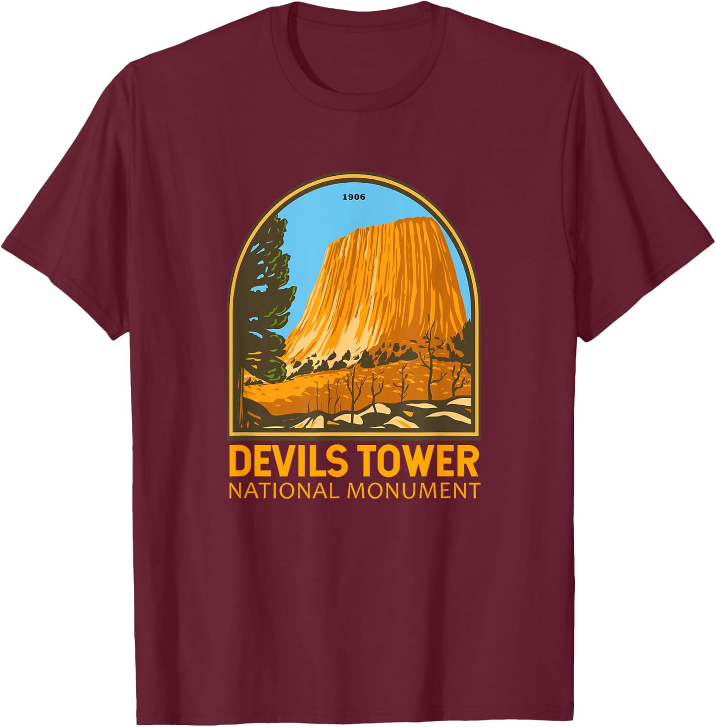 Devils Tower National Monument Wyoming Emblem Vintage T-Shirt - T-Shirt | Maroon