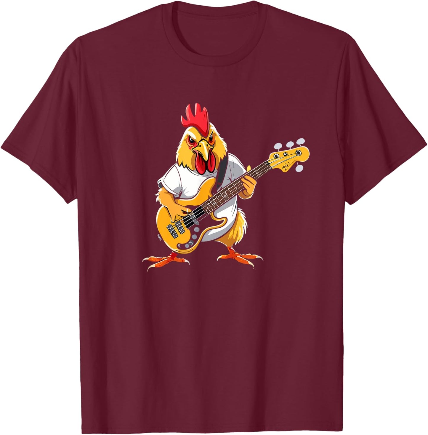 Chicken playing Bass Guitar, Chicken Guitarist T-Shirt - T-Shirt | Maroon
