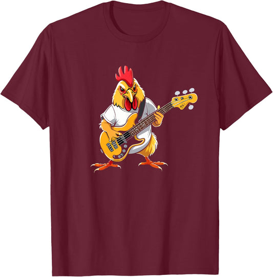Chicken playing Bass Guitar, Chicken Guitarist T-Shirt - T-Shirt | Maroon