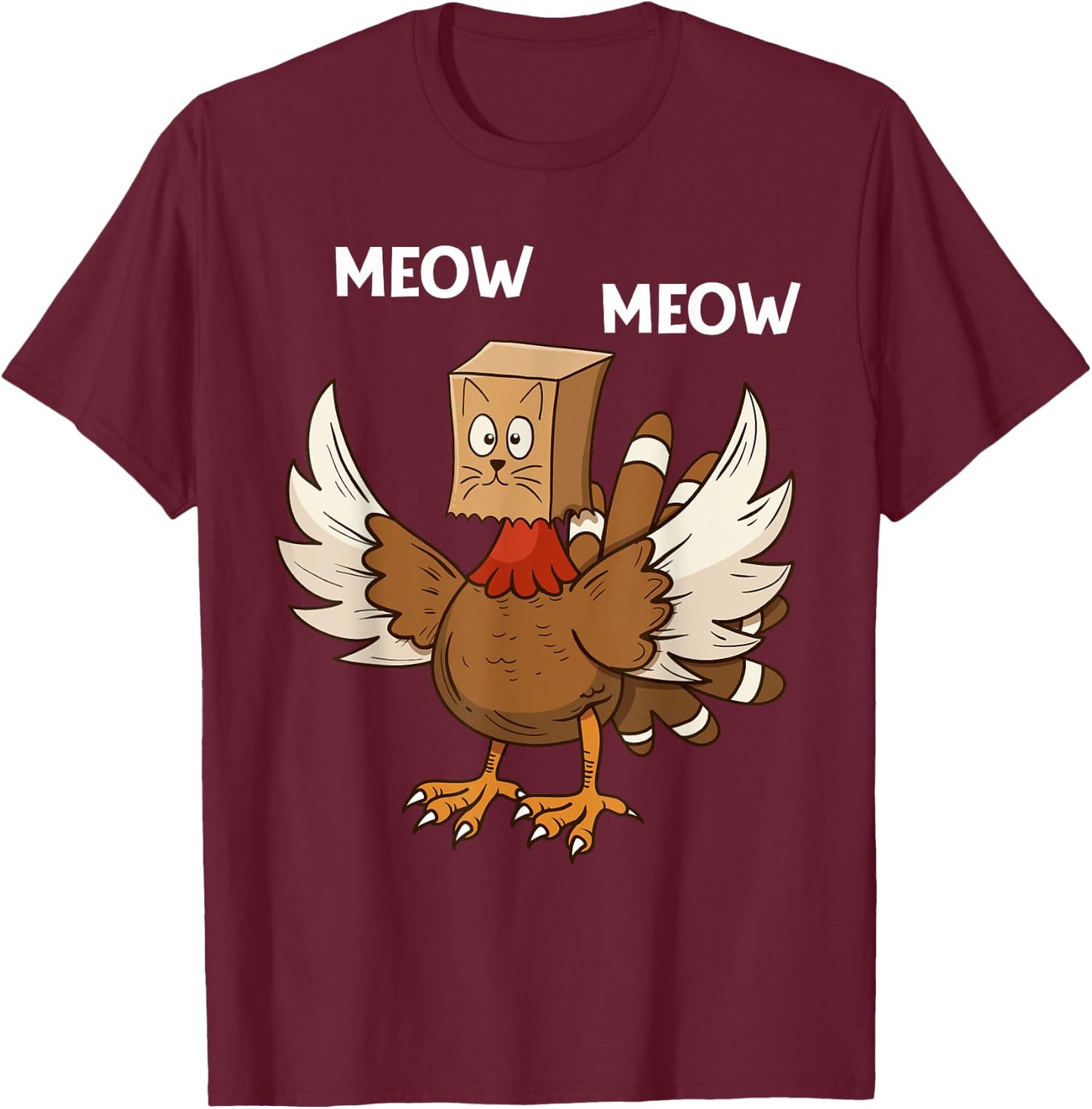 Thanksgiving Cat Funny Fake Cat Meow Thanksgiving Turkey Women Girls Kids T-Shirt - T-Shirt | Maroon