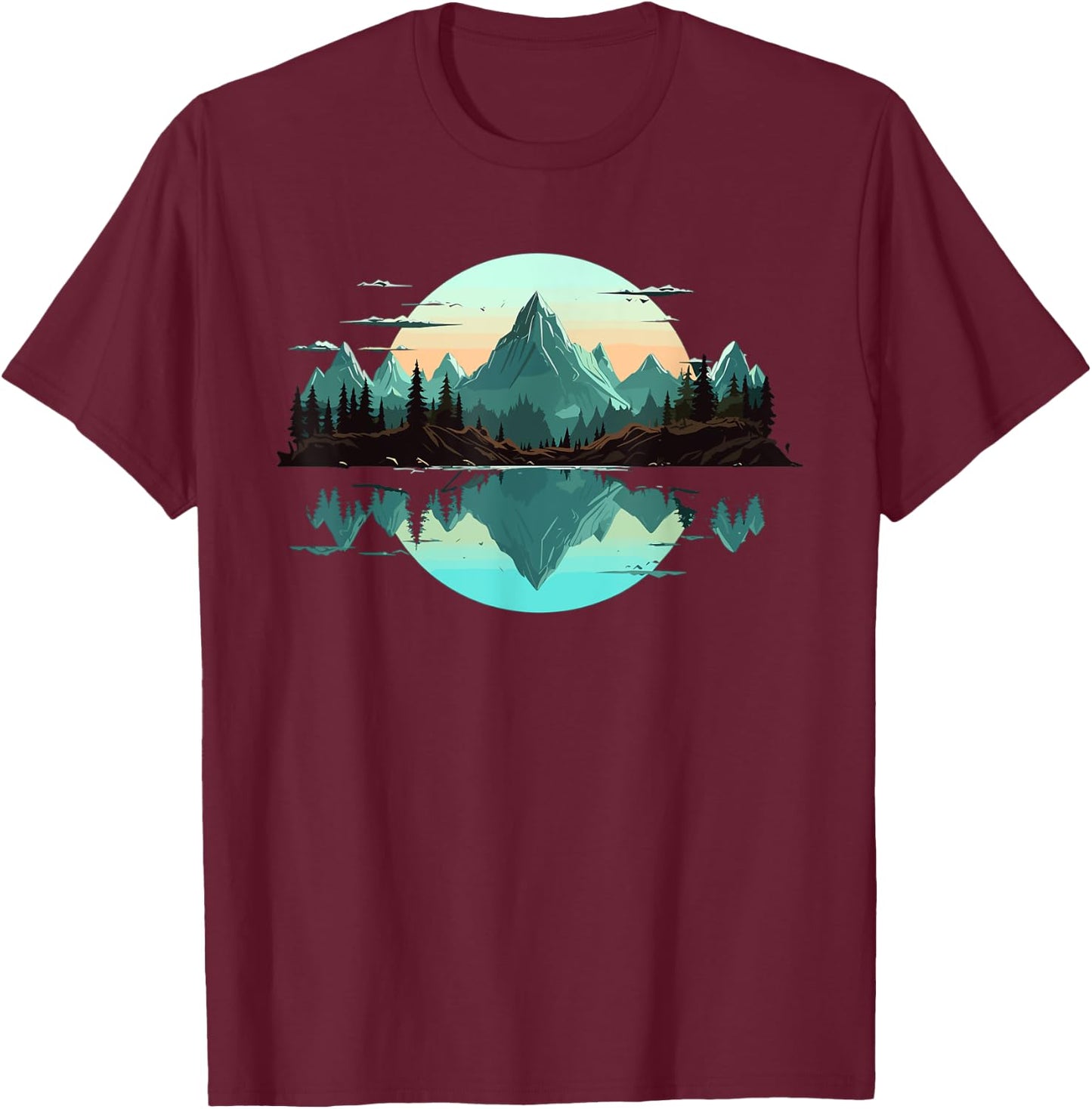 Mountain Landscape Reflection Forest Trees Outdoor Wildlife T-Shirt - T-Shirt | Maroon