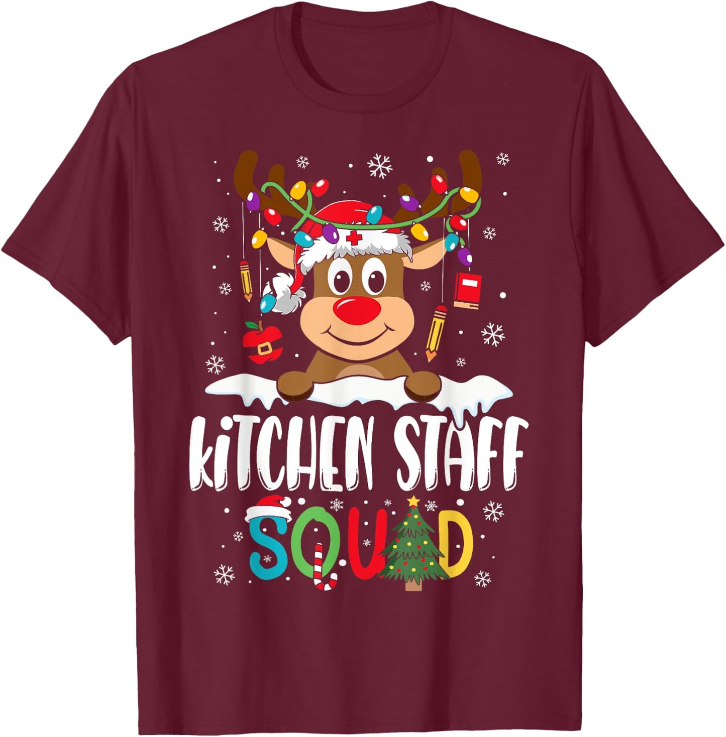 Kitchen Staff Squad Funny Reindeer Lunch Lady Christmas T-Shirt - T-Shirt | Maroon