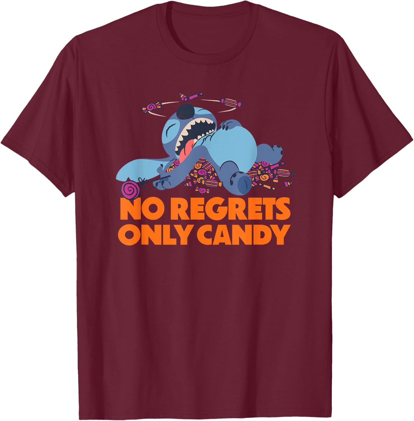 Amazon Essentials Stitch Halloween No Regrets Only Candy T-Shirt - T-Shirt | Maroon