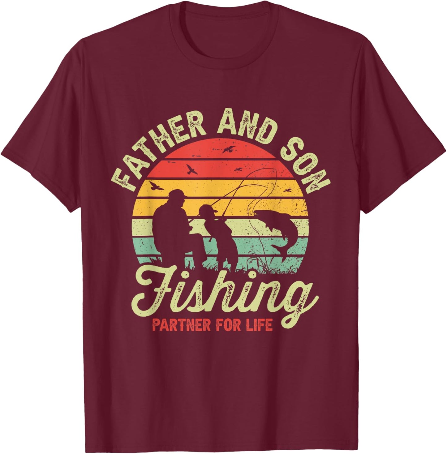 Retro Dad And Son Fishing Partners For Life Fathers Day T-Shirt - T-Shirt | Maroon