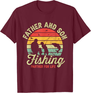 Retro Dad And Son Fishing Partners For Life Fathers Day T-Shirt - T-Shirt | Maroon