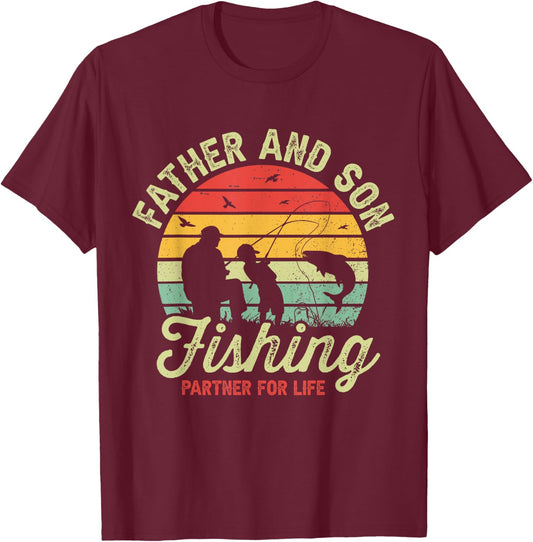 Retro Dad And Son Fishing Partners For Life Fathers Day T-Shirt - T-Shirt | Maroon
