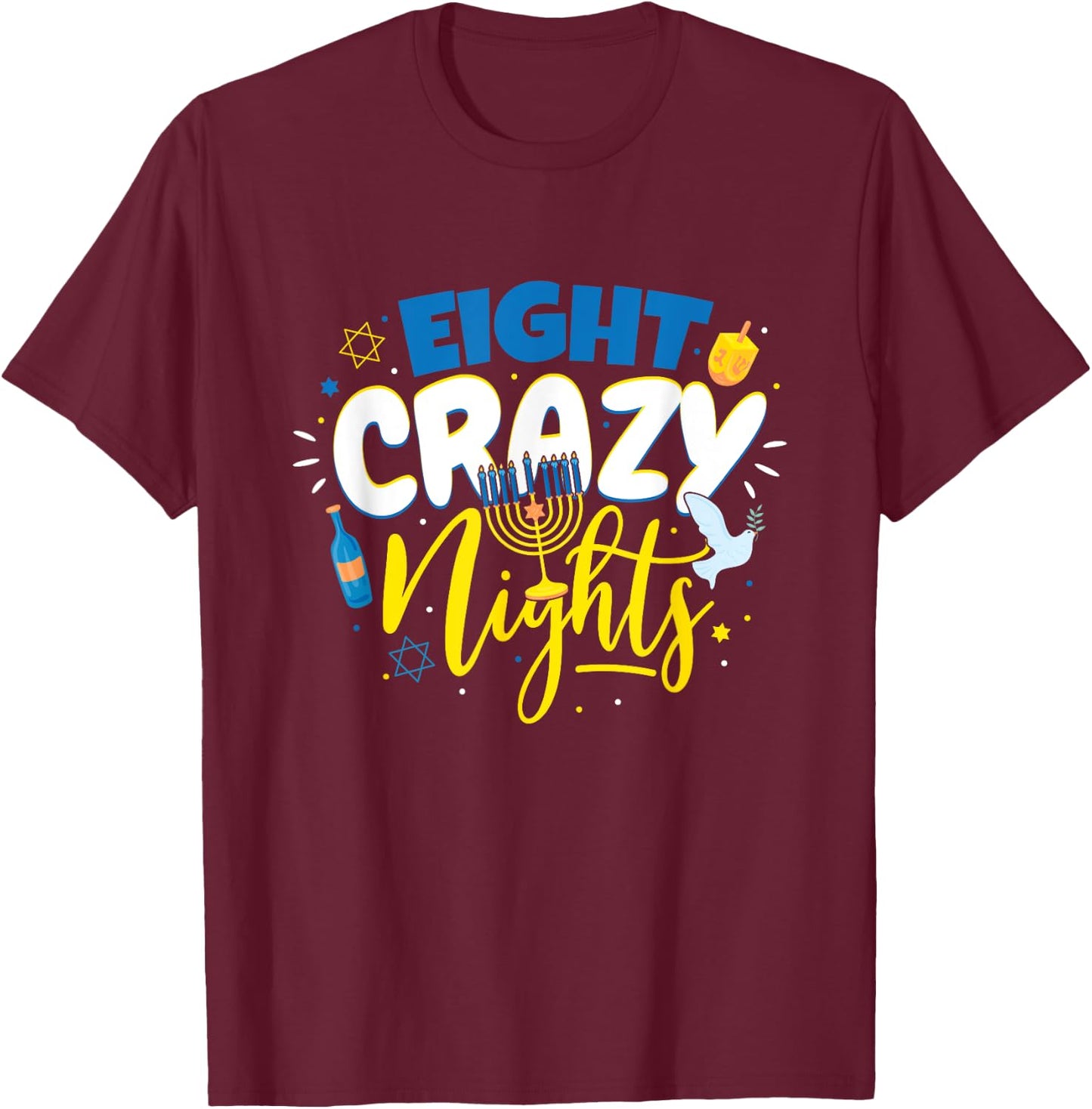 Jewish Hanukkah Eight Crazy Nights Chanukah Vintage Menorah T-Shirt - T-Shirt | Maroon