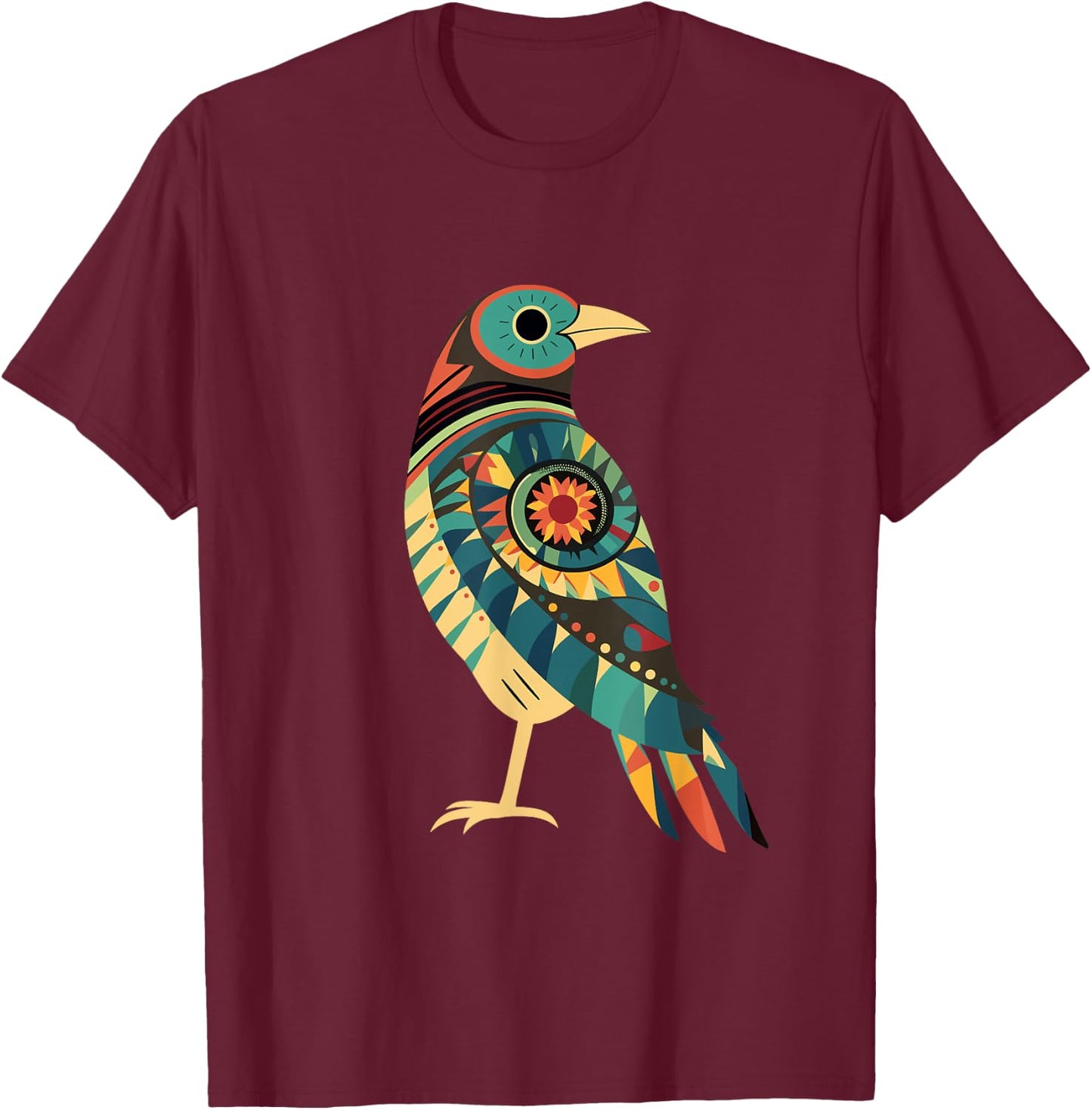 Hopi Art American Style Bird Tribal Design T-Shirt - T-Shirt | Maroon