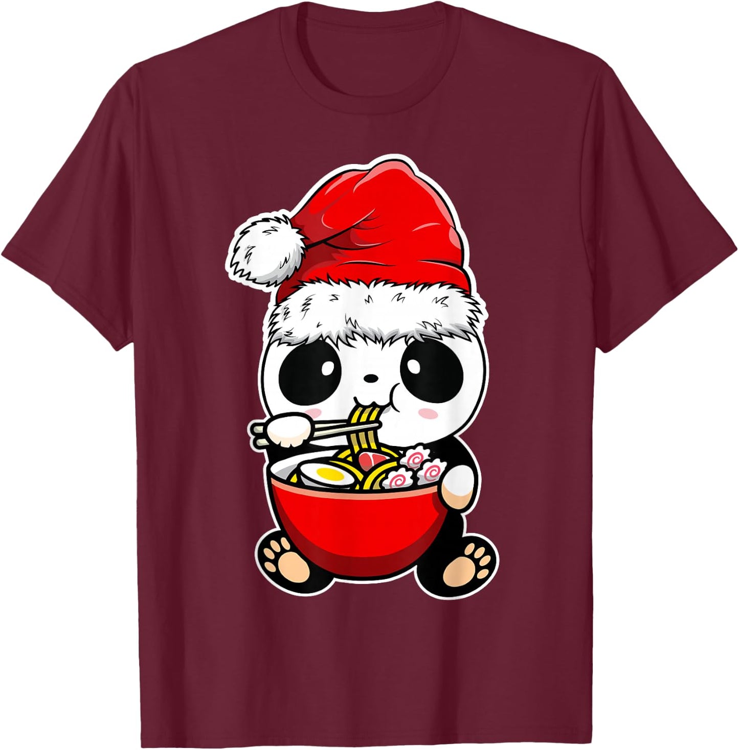 Panda Wearing Santa hat Xmas - Panda Eating Ramen Christmas T-Shirt - T-Shirt | Maroon