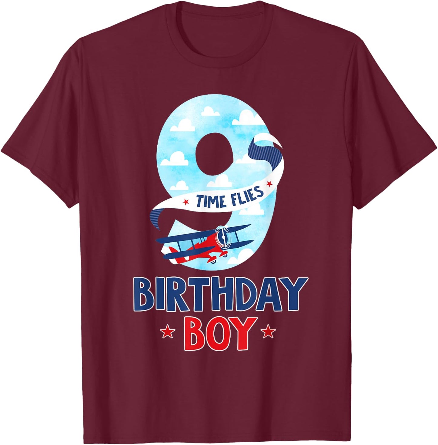 9 Year Old Birthday Outfit Boy Airplane Pilot 9th Bday T-Shirt - T-Shirt | Maroon