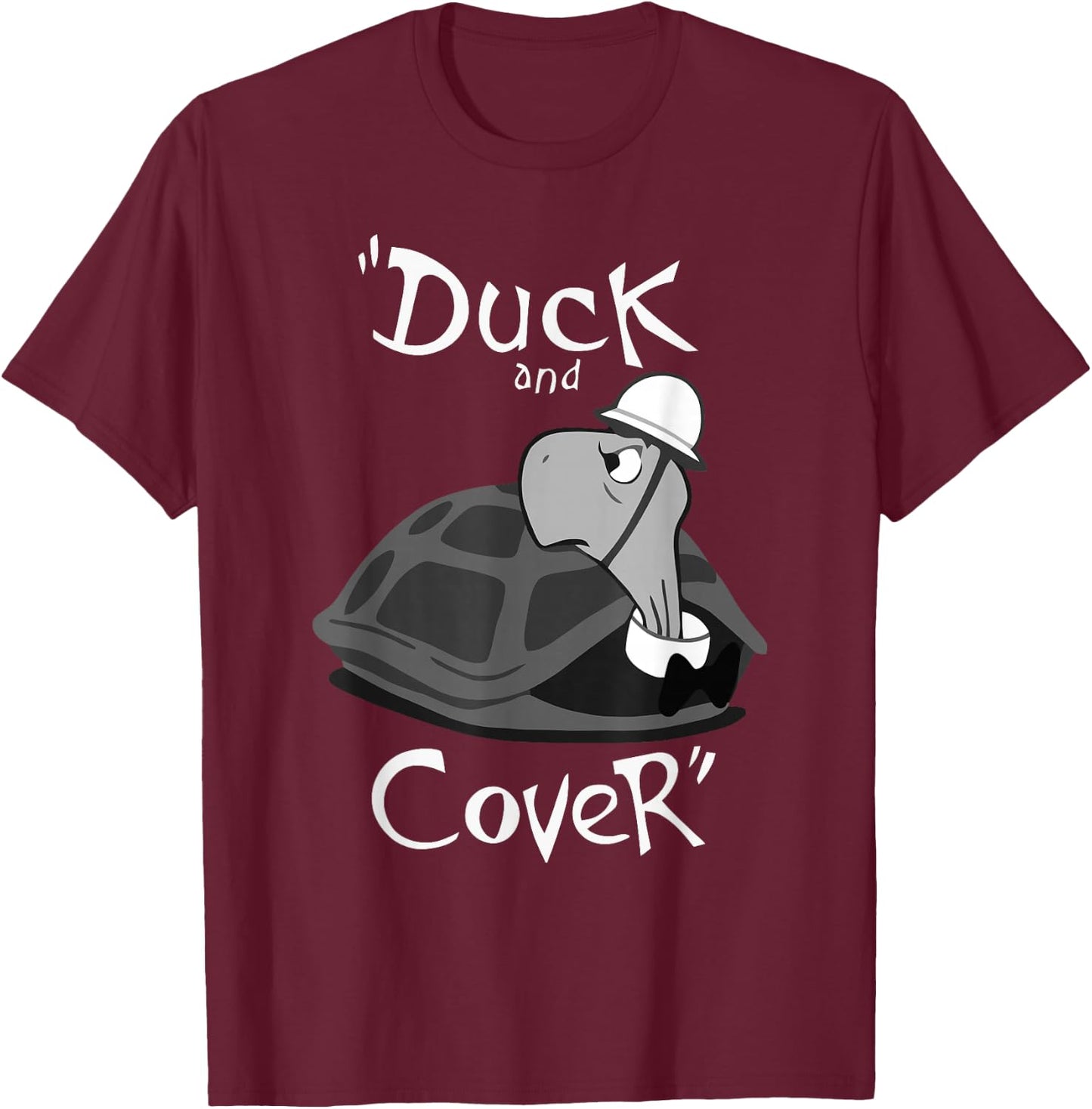 War Is Hell Store Duck and Cover Bert the Turtle - Kids, Vintage Enthusiasts, Families on Vacation - Black - Small - Short Sleeve - Cotton 65%, Polyester 35% T-Shirt - T-Shirt | Maroon