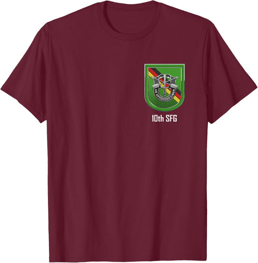 10th Special Forces Group Beret Flash with Unit Crest T-Shirt - T-Shirt | Maroon