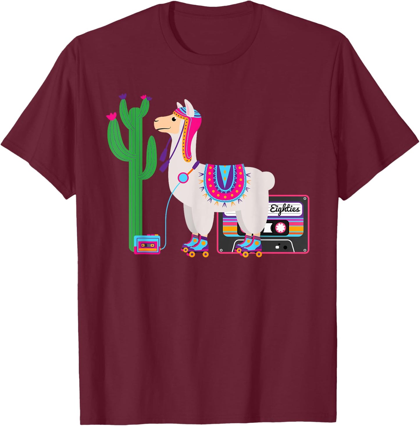 Retro Llama Roller Skate Funny 70s 80s Derby Women Kids T-Shirt - T-Shirt | Maroon