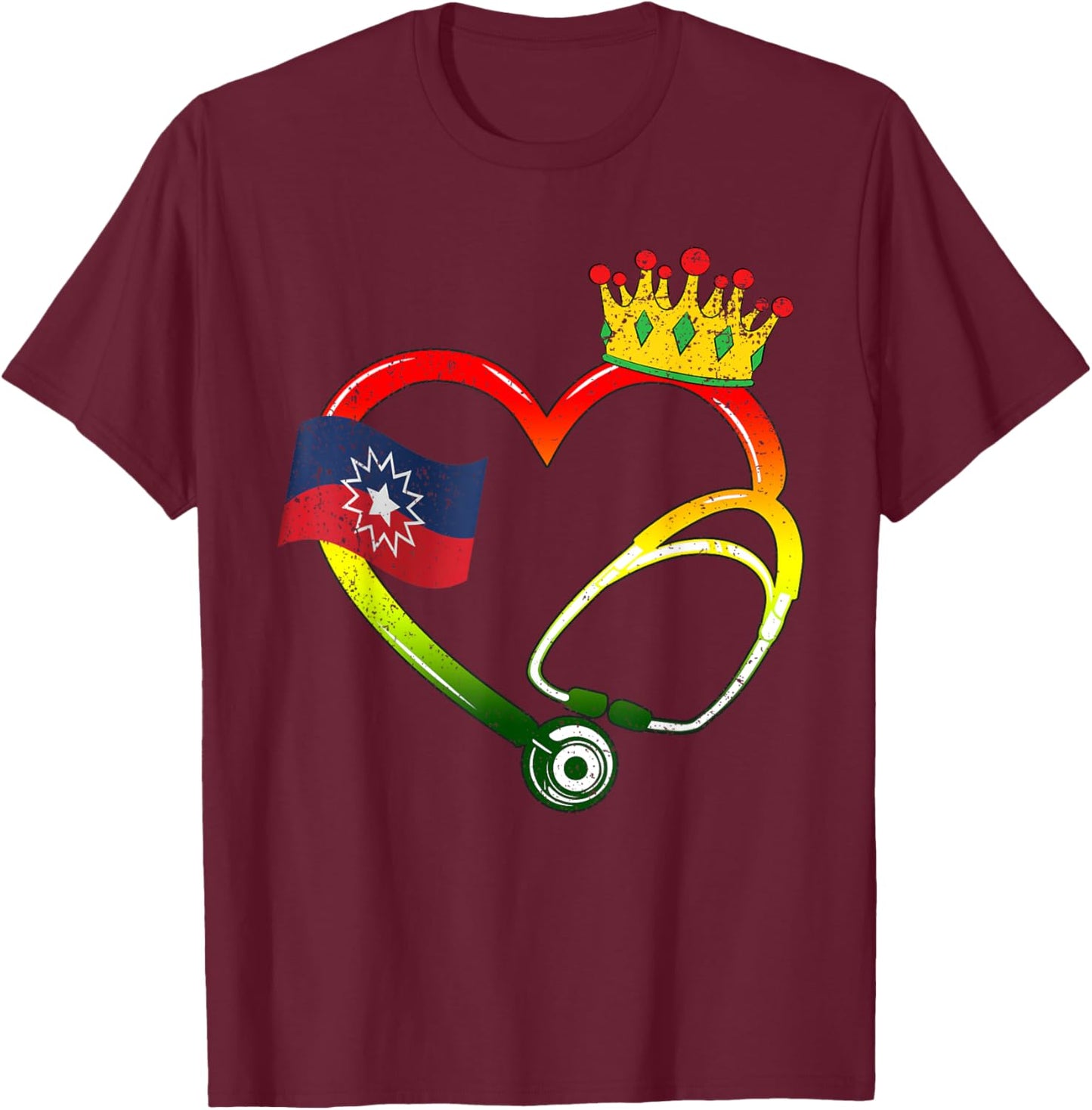 Heart Stethoscope Juneteenth Black History African Nurse T-Shirt - T-Shirt | Maroon