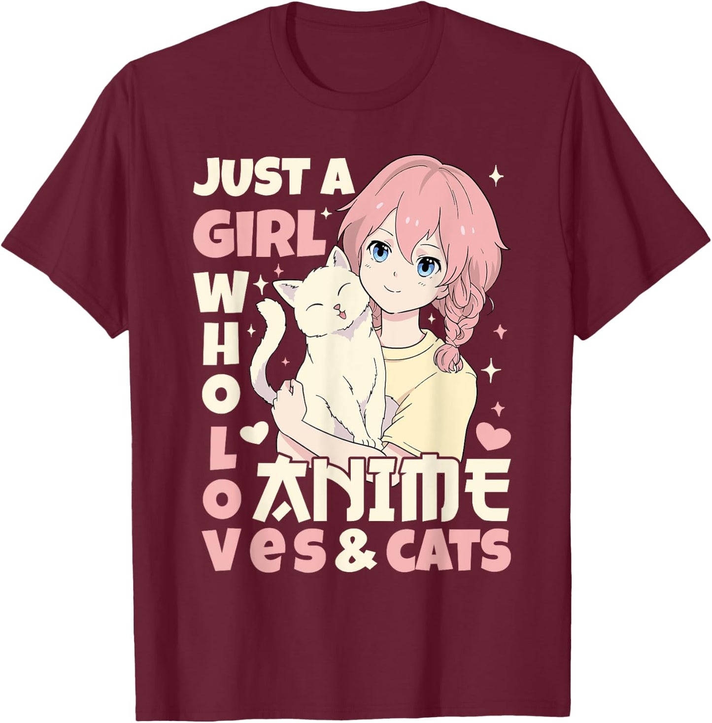 Just A Girl Who Loves Anime & Cats Teen Anime Girl Cat Lover T-Shirt - T-Shirt | Maroon
