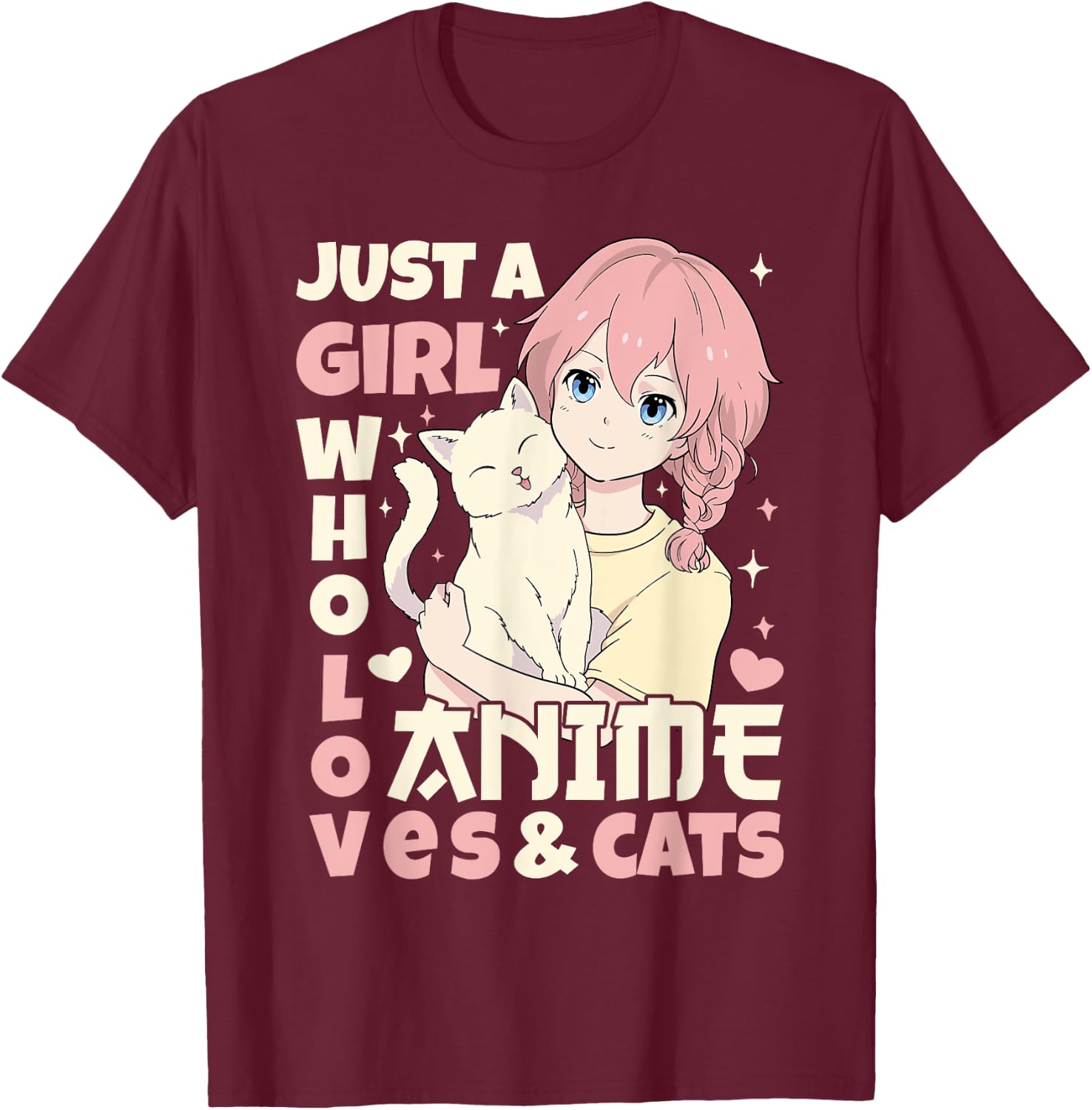 Just A Girl Who Loves Anime & Cats Teen Anime Girl Cat Lover T-Shirt - T-Shirt | Maroon