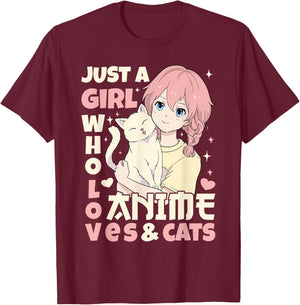 Just A Girl Who Loves Anime & Cats Teen Anime Girl Cat Lover T-Shirt - T-Shirt | Maroon