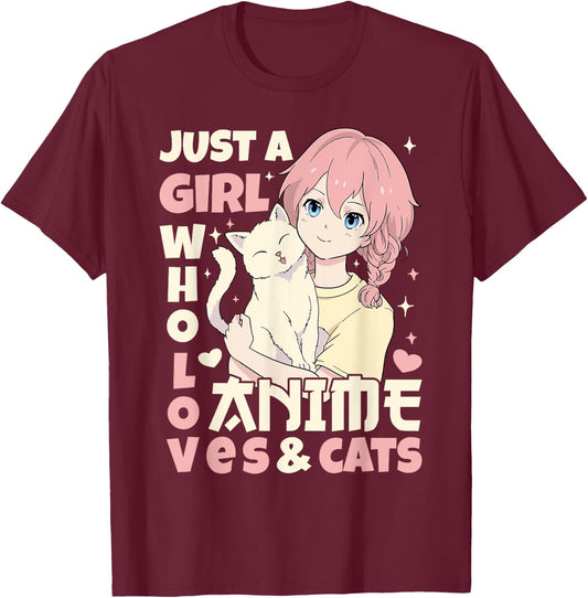 Just A Girl Who Loves Anime & Cats Teen Anime Girl Cat Lover T-Shirt - T-Shirt | Maroon