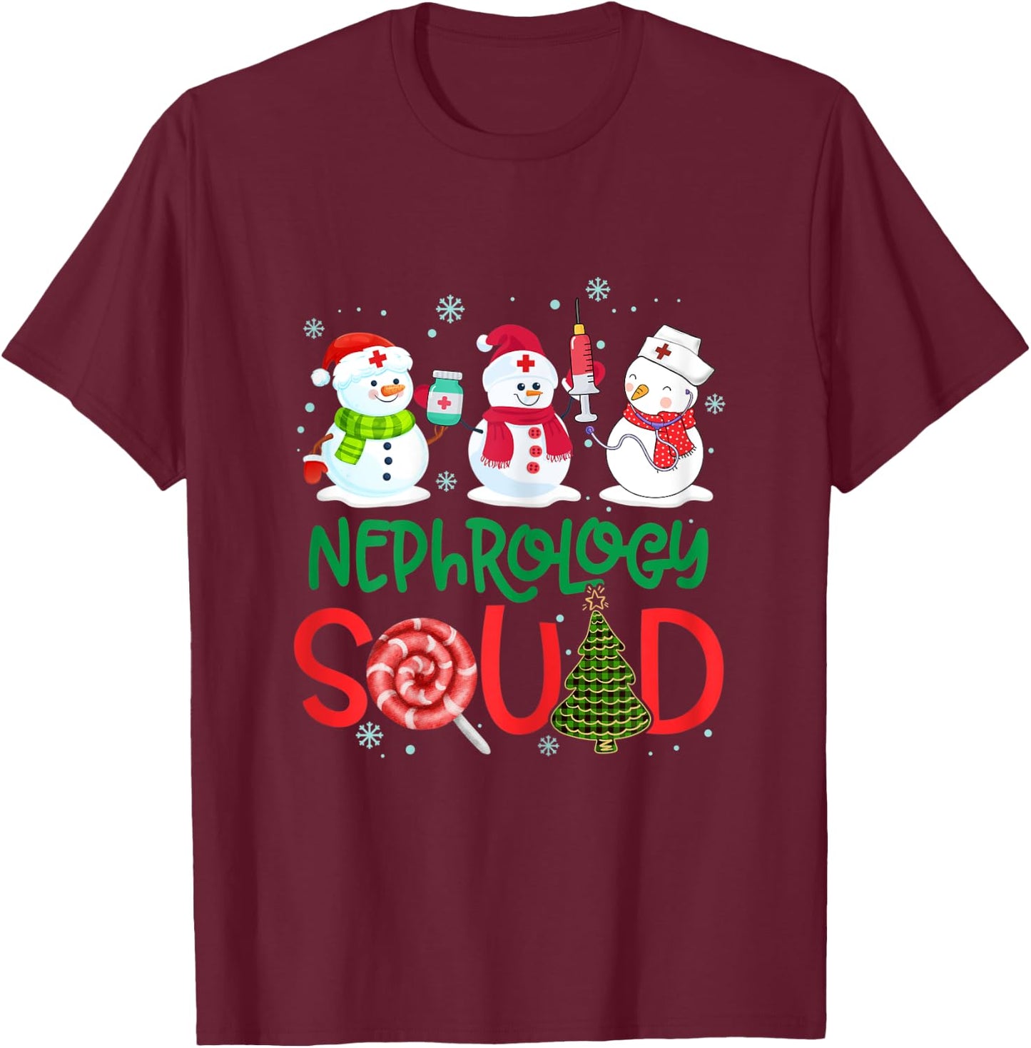 Nephrology Squad Snowmies Nurse Stethoscope Christmas Pine T-Shirt - T-Shirt | Maroon