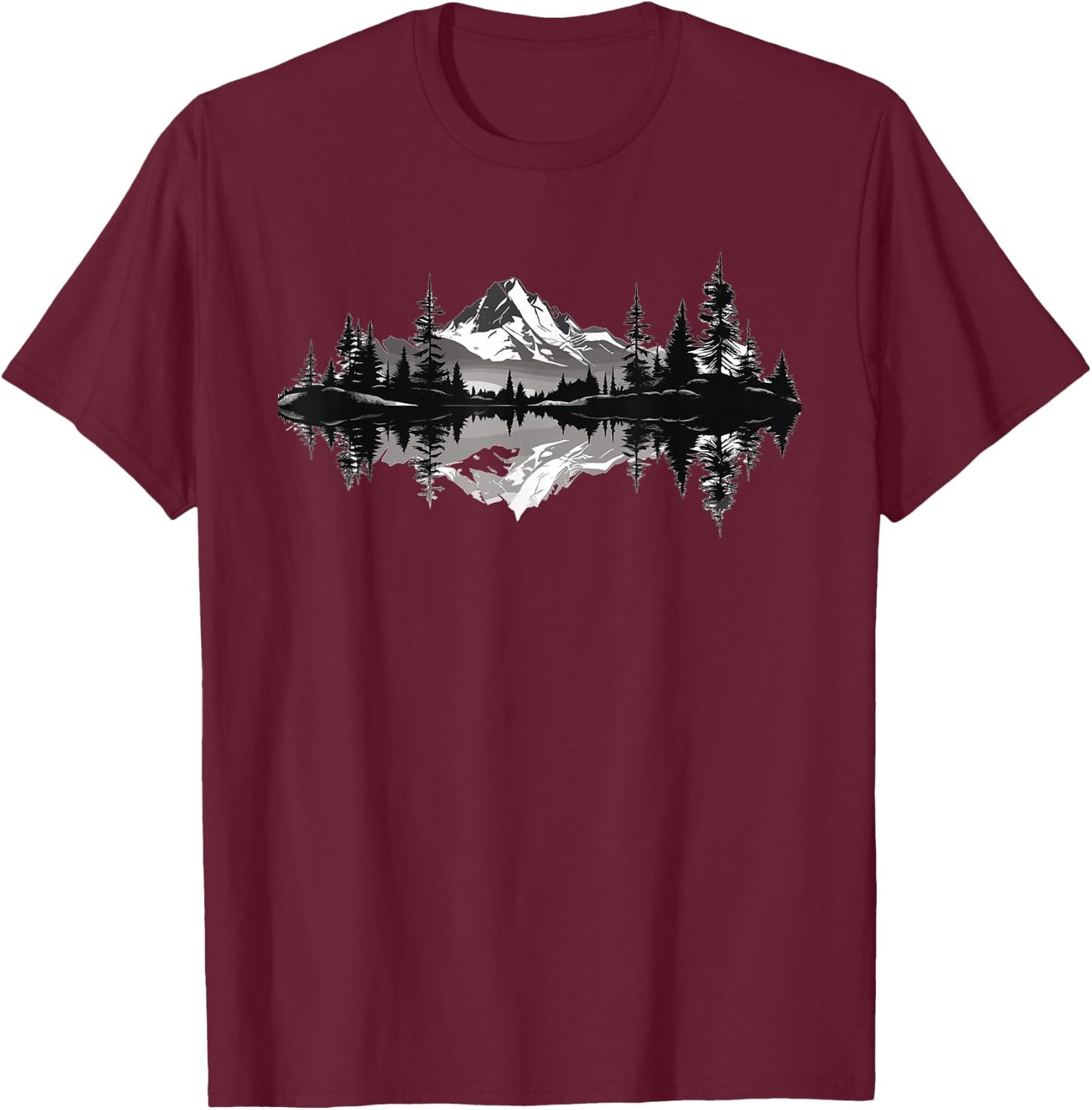 Mountain Landscape Reflection Forest Trees Outdoor Wildlife T-Shirt - T-Shirt | Maroon