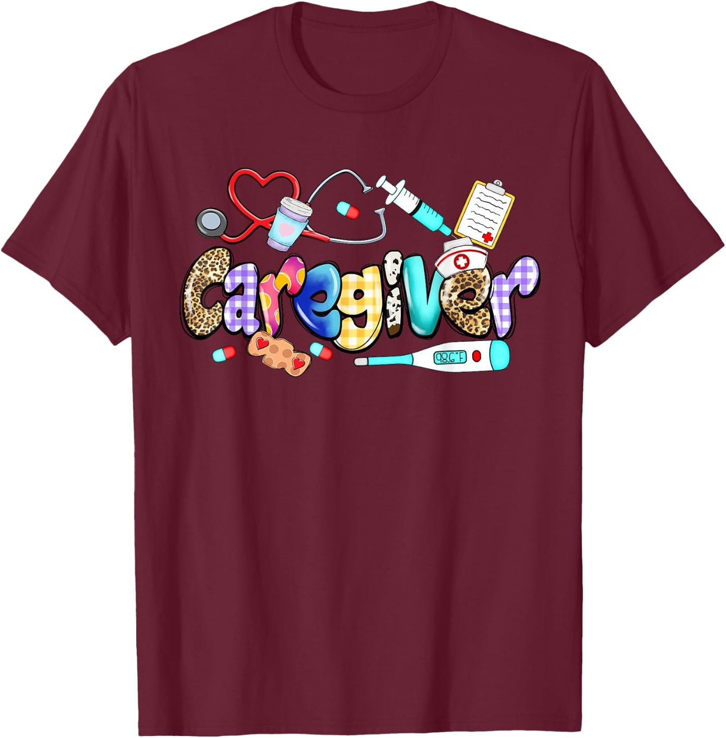 Caregiver Stethoscope Leopard Funny Caregiver Life Gifts T-Shirt - T-Shirt | Maroon
