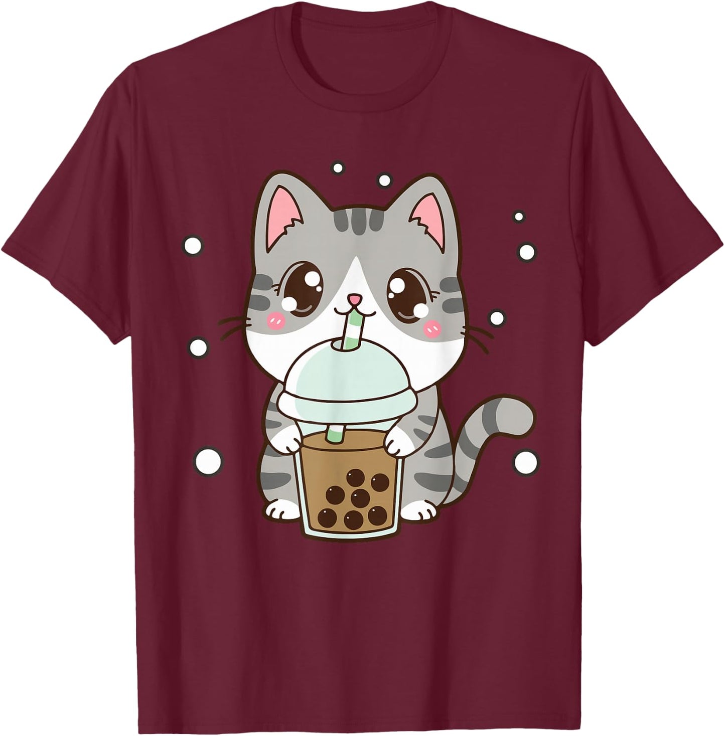 Cat Boba Tea Cat Women Teen Girl Japanese Anime Cute Graphic T-Shirt - T-Shirt | Maroon