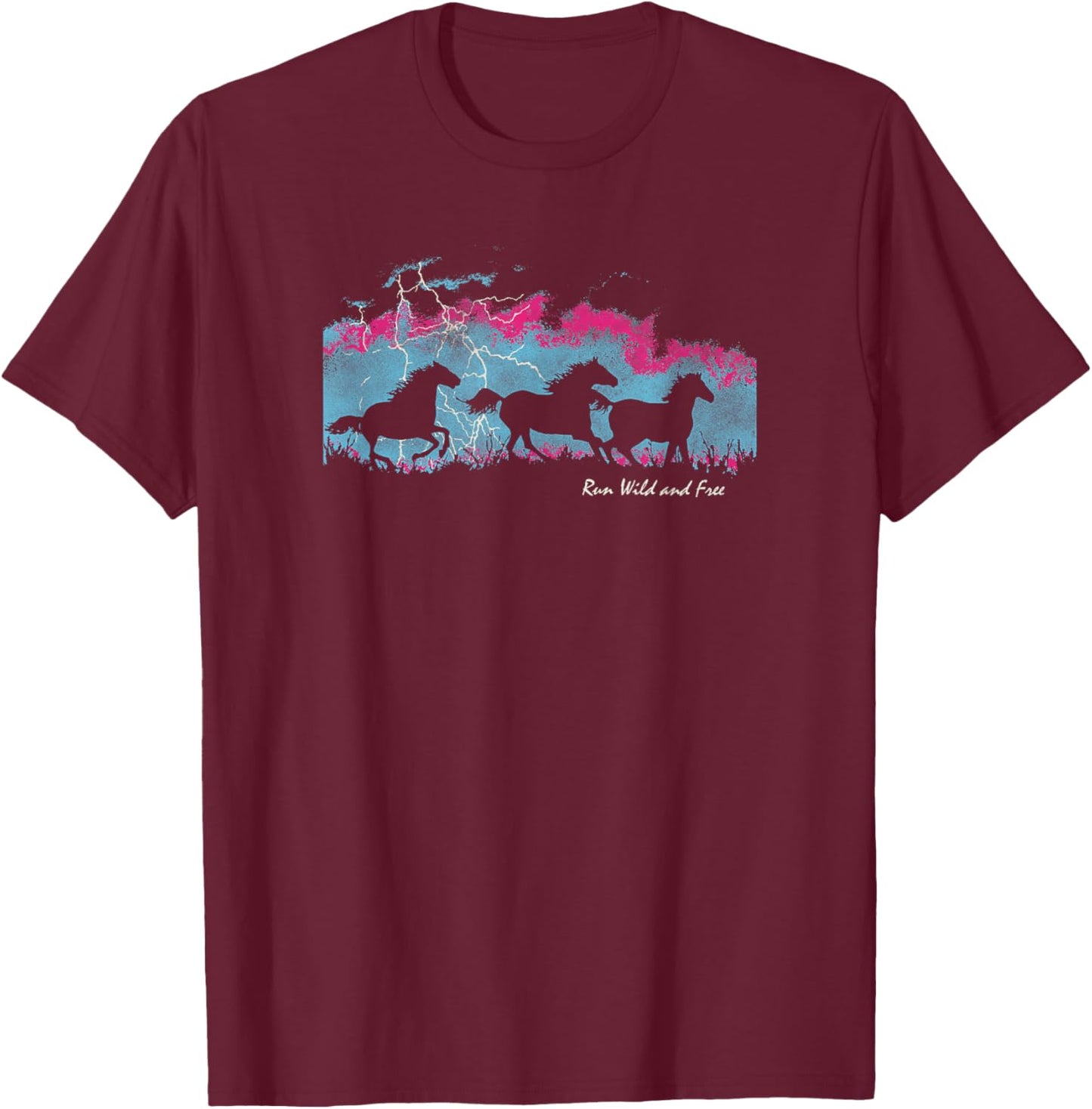 Run Wild And Free Horse Stud Thunder Background T-Shirt - T-Shirt | Maroon