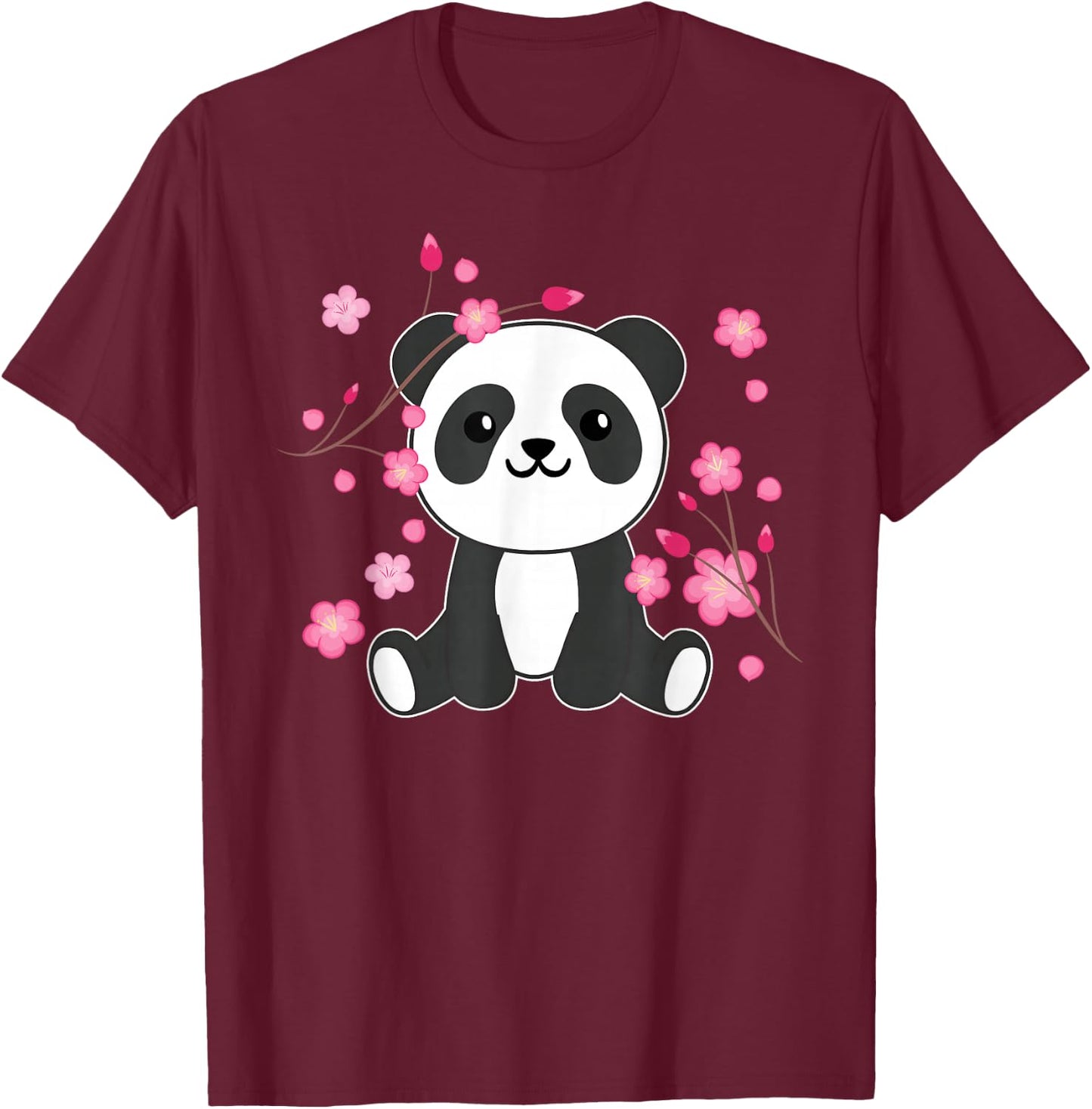 Panda Cute Animals for Children Kawaii Cherry Blossoms T-Shirt - T-Shirt | Maroon