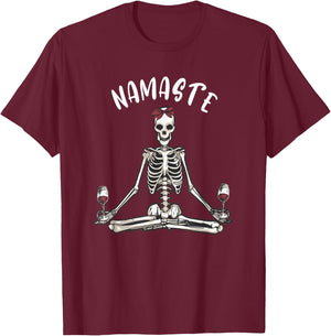 Namaste Yoga Skeleton with Wine funny women's yoga T-Shirt - T-Shirt | Maroon