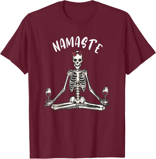 Namaste Yoga Skeleton with Wine funny women's yoga T-Shirt - T-Shirt | Maroon