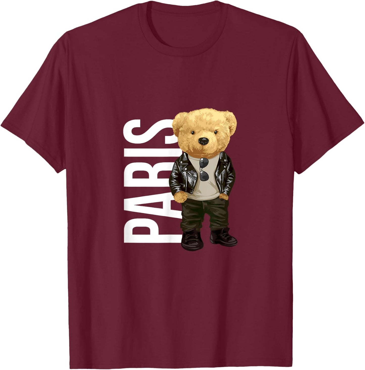 Cool Teddy Bear Boy Paris Style Illustration Graphic Design T-Shirt - T-Shirt | Maroon