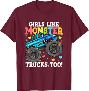 Shark Monster Truck Girls Like Monster Trucks Too Kids T-Shirt - T-Shirt | Maroon