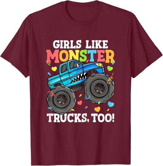 Shark Monster Truck Girls Like Monster Trucks Too Kids T-Shirt - T-Shirt | Maroon
