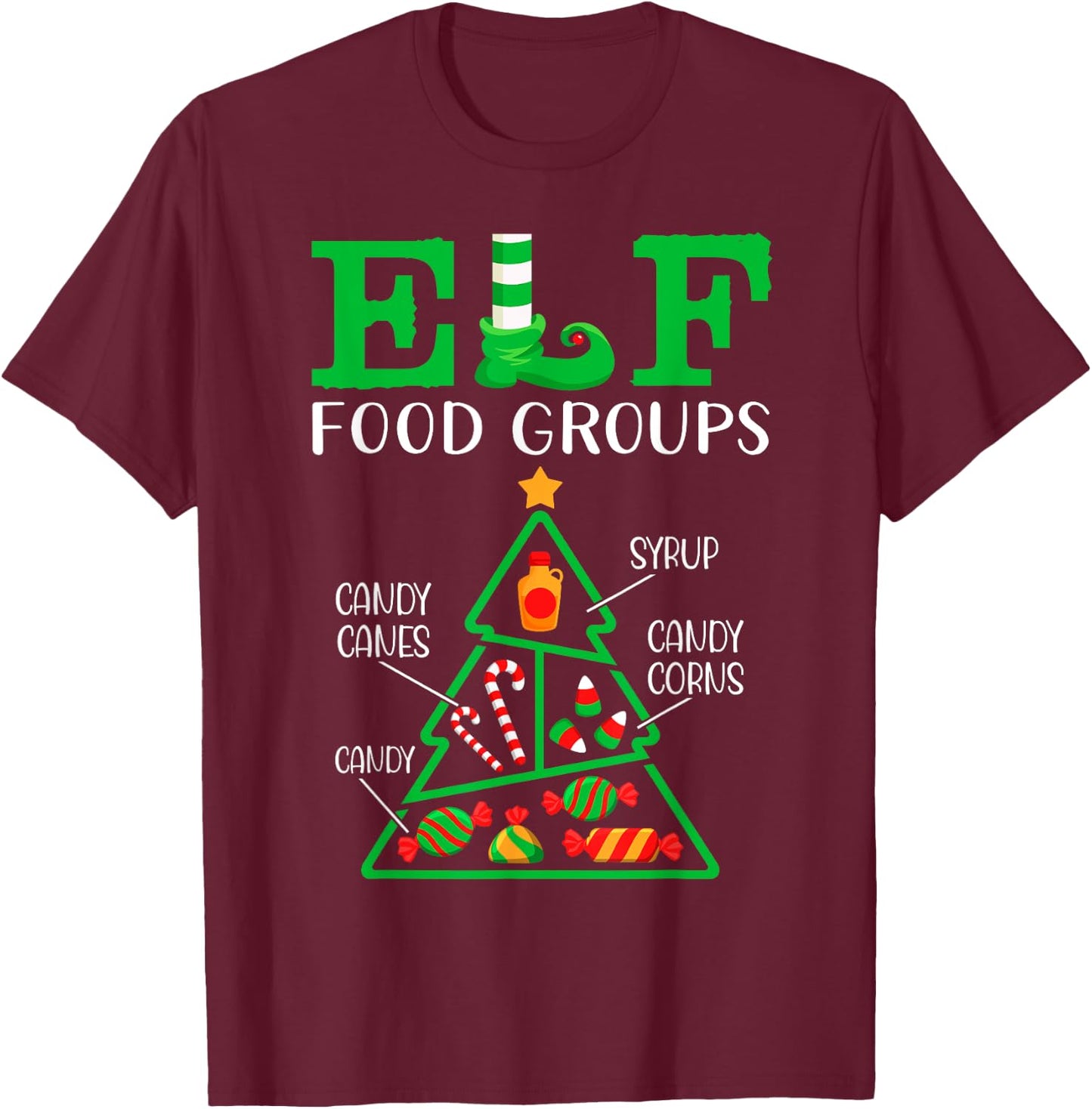 Candy - Candy Canes - Candy Corns - Syrup - ELF Food Groups T-Shirt - T-Shirt | Maroon