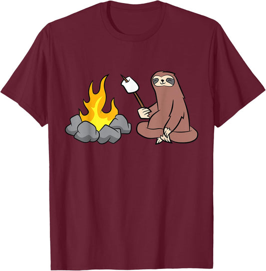 Sloth Roasting Marshmallows At The Campfire T-Shirt - T-Shirt | Maroon