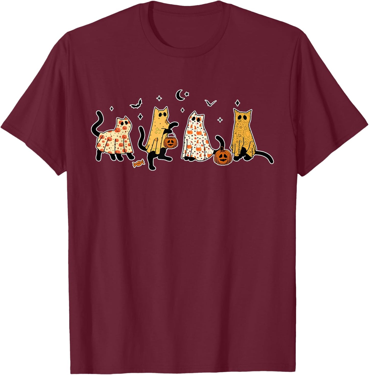 Cute Black Cats in Ghost Costume Women and Men Halloween T-Shirt - T-Shirt | Maroon
