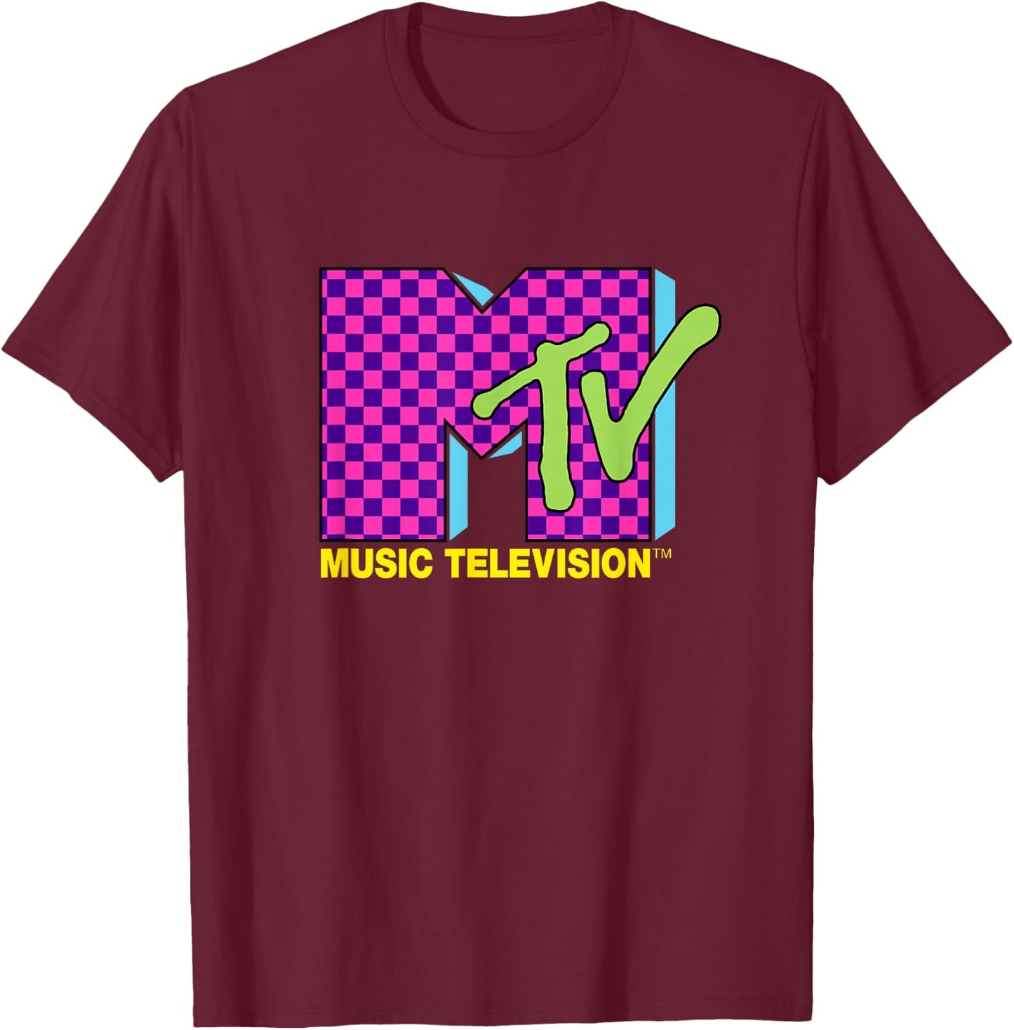 MTV Music Television Retro 80's Neon Pink Checkerboard Logo T-Shirt - T-Shirt | Maroon