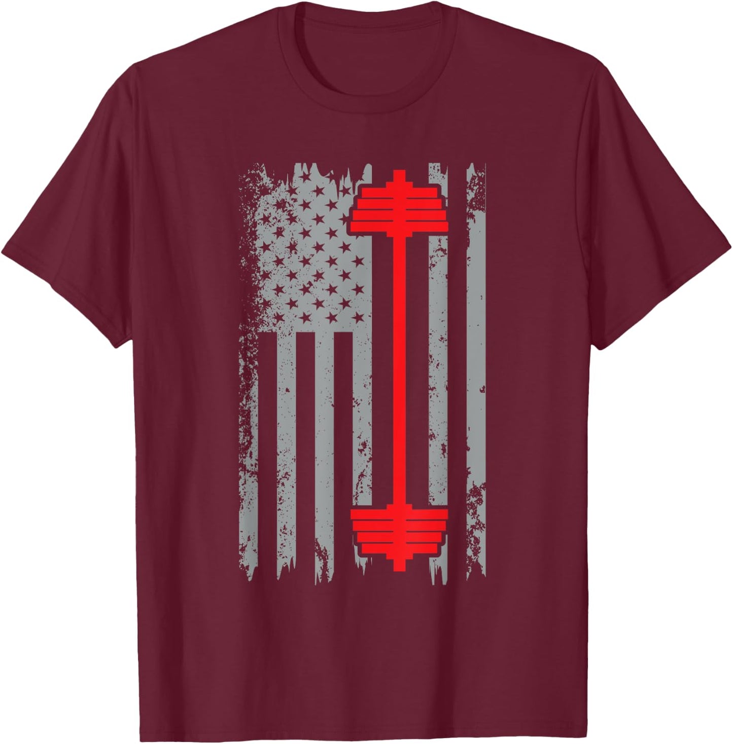Barbell American Flag Patriotic Weightlifting T-Shirt - T-Shirt | Maroon