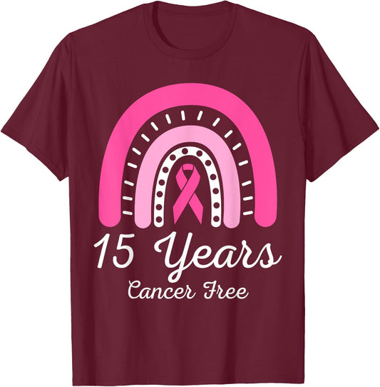 15 Years Cancer Free Survivor Breast Cancer Awareness Ribbon T-Shirt - T-Shirt | Maroon