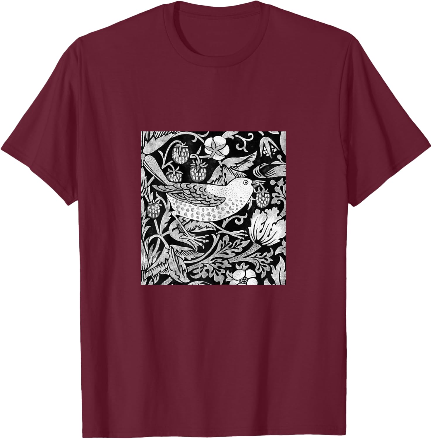 William Morris Bird & Flower Tile, Gray, Black and White T-Shirt - T-Shirt | Maroon