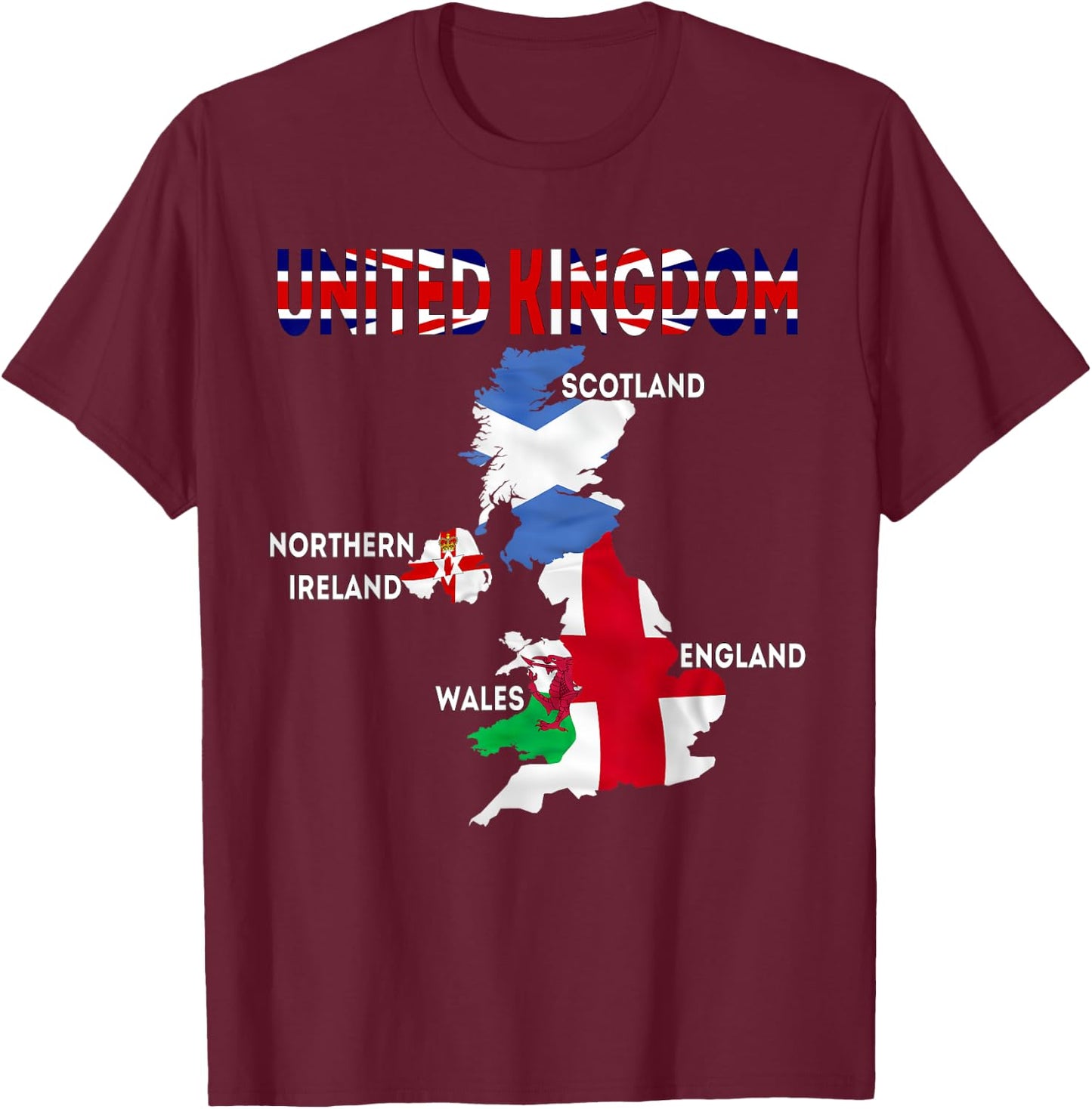 UK flag map, England, Scotland, Wales, Northern Ireland maps T-Shirt - T-Shirt | Maroon