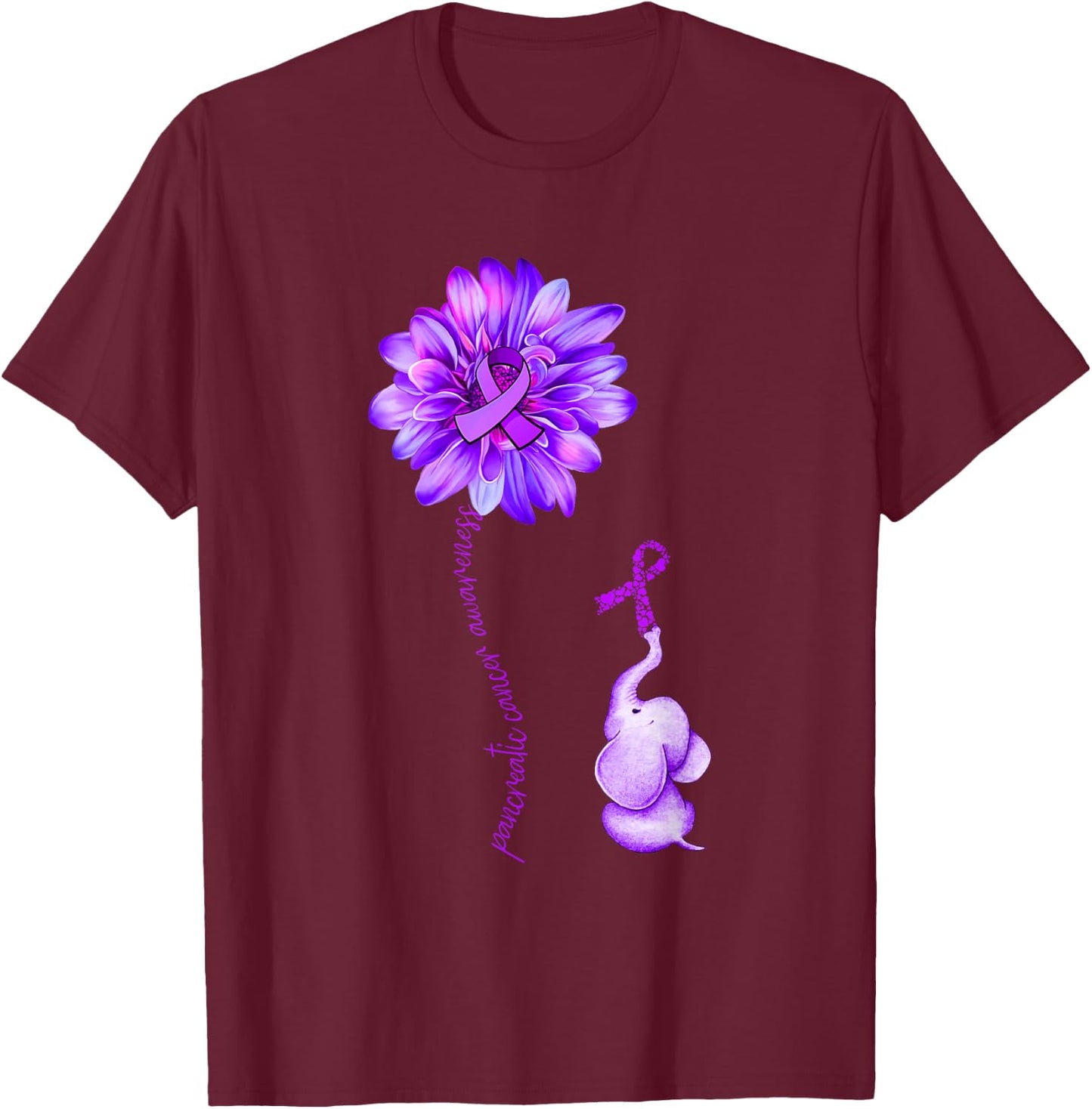 Elephant Sunflower Purple Ribbon Pancreatic Cancer Awareness T-Shirt - T-Shirt | Maroon