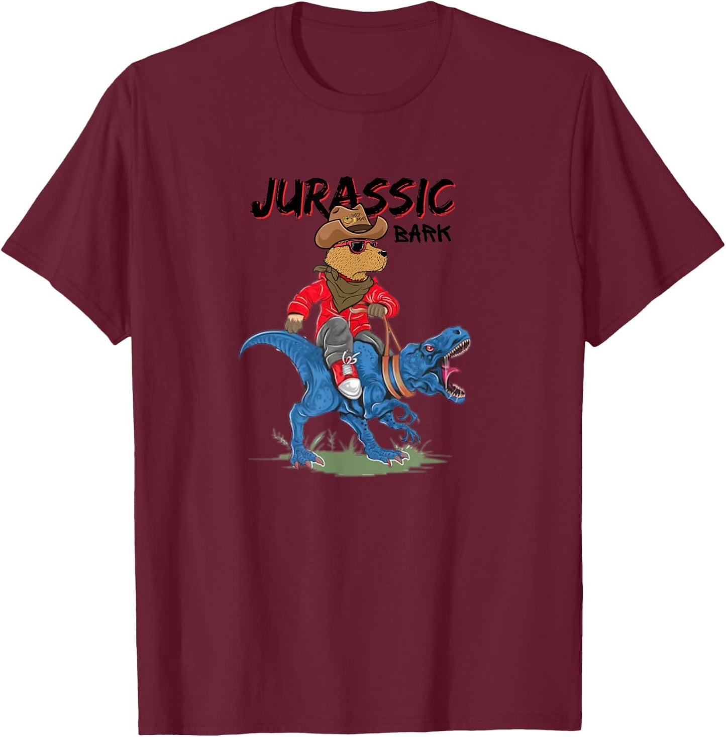 Jurassic Bark Funny Dog Riding Dinosaur Pun Dog Owners Jokes Men Women Kids T-Shirt - T-Shirt | Maroon